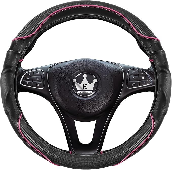 3D Car Steering Wheel Cover Comfort Grip Massage Sporty Anti-Slip Carbon Fiber Faux Leather for F150, Trucks, Jeep, Van, Car Handle Covers for All Seasons, 15.2-16in, Pink