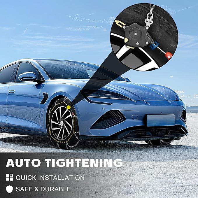 Auto Tightening Snow Chains for Car, SUV & Pickup Trucks – 1-Min Quick Install, Reusable Emergency Tire Chains for Snow & Ice Traction – Set of 2 (HKN150)