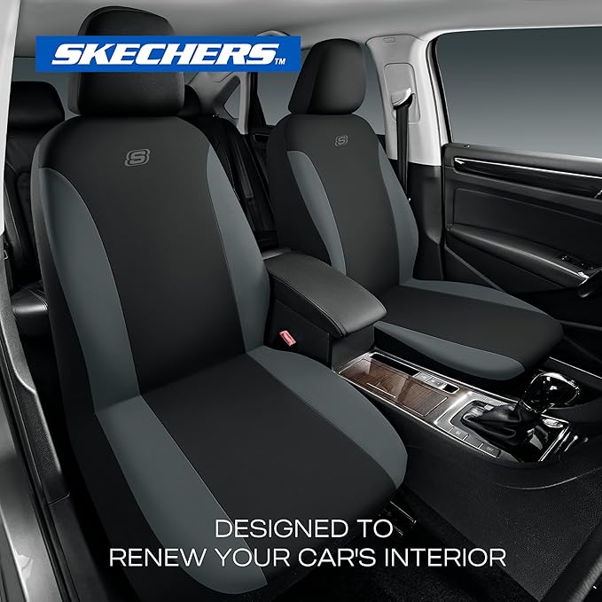 Skechers Seat Covers, Premium Breathable Polyester Seat Covers, Car Seat Covers Full Set Airbag Compatible, Automotive Comfort for Most Cars, Vans, Trucks, SUVs (Full Set,Grey)