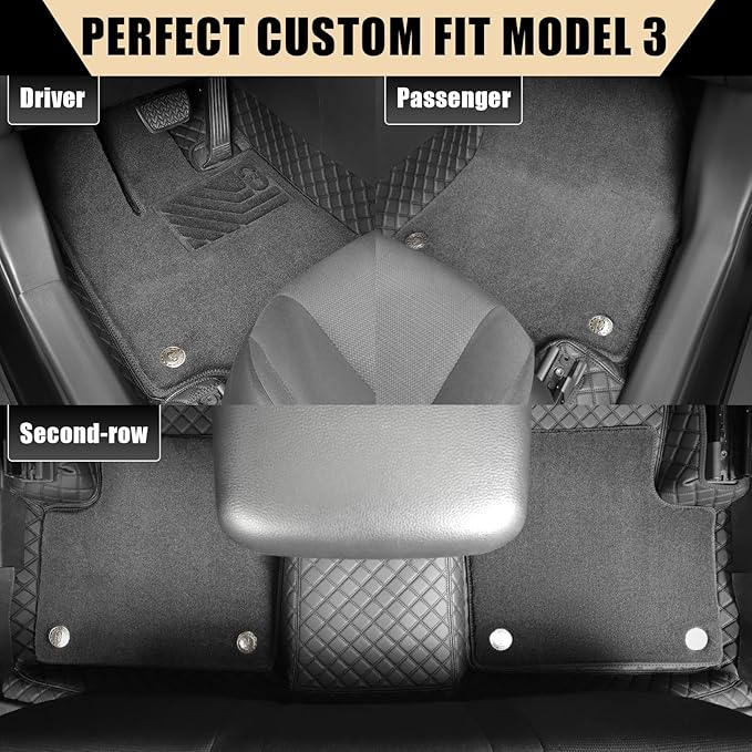 EKR Custom Floor Mats for Tesla Model 3 2024-2025, Front & 2nd Row Luxury Double Layer Car Floor Mat Liner Fit Model 3 2024 2025 - Leatherette Plus Carpet (Black)