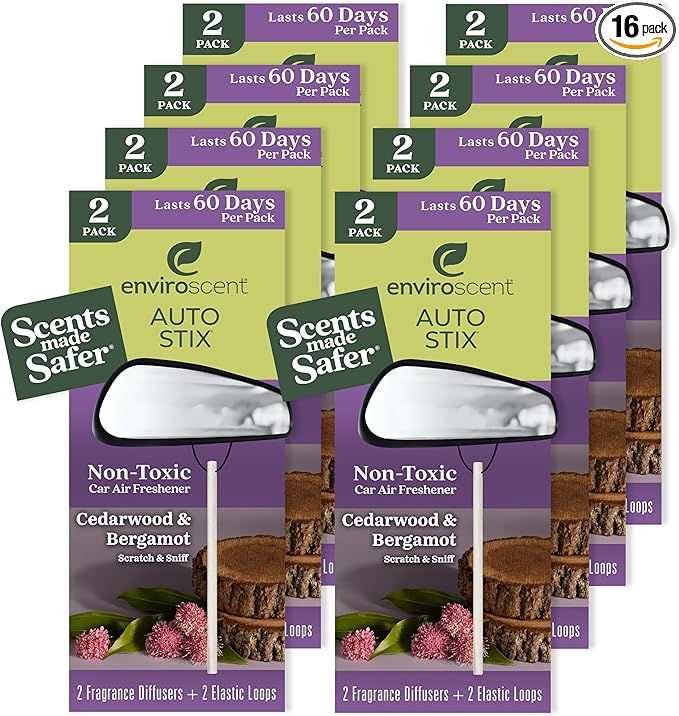 Enviroscent Non-Toxic Car Air Freshener | Natural Car Air Freshener | Essential Oil Diffuser | Car Scent Lasting Over 480 Days | 8 Packs of 2 Hanging Auto Stix (Cedarwood & Bergamot)