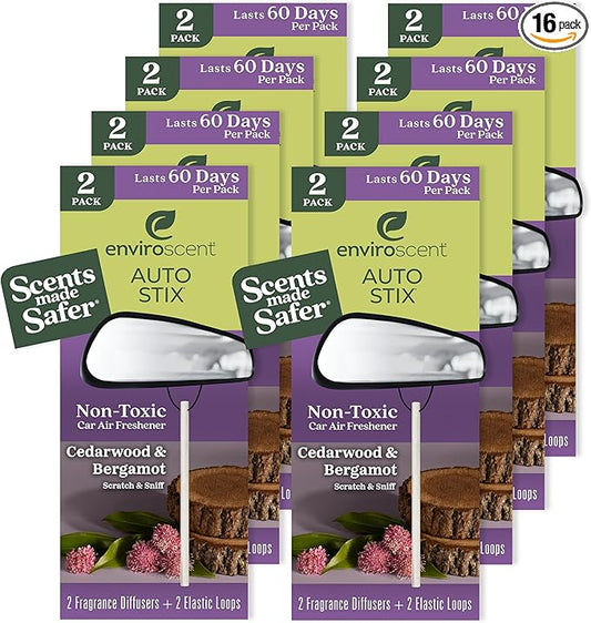 Enviroscent Non-Toxic Car Air Freshener | Natural Car Air Freshener | Essential Oil Diffuser | Car Scent Lasting Over 480 Days | 8 Packs of 2 Hanging Auto Stix (Cedarwood & Bergamot)