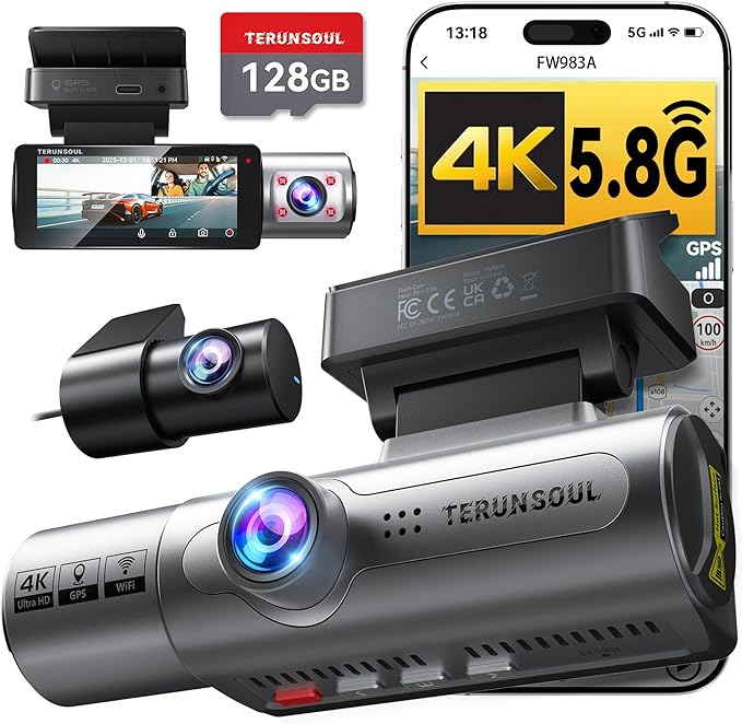 4K Dash Cam Front and Rear, Full HD 3 Channel Dashcam, Free 128GB Memory Card, Built-in 5.8GHz WiFi Built-in GPS, Collision Sensor, Night Vision, HDR, 3.16" IPS, 24H Parking Mode (Gray)