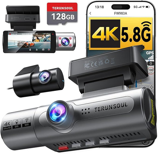 4K Dash Cam Front and Rear, Full HD 3 Channel Dashcam, Free 128GB Memory Card, Built-in 5.8GHz WiFi Built-in GPS, Collision Sensor, Night Vision, HDR, 3.16" IPS, 24H Parking Mode (Gray)