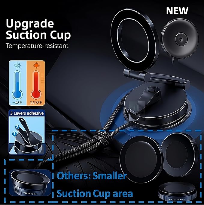 360° Adjustable Vacuum Magnetic Phone Holder, Airgrip - Magnetic Vacuum Phone Holder for Car, Vacuum Suction Magnetic Mount, Gym/Truck/Boat/Shower for iPhone & Android with Radiation Protector Sticker