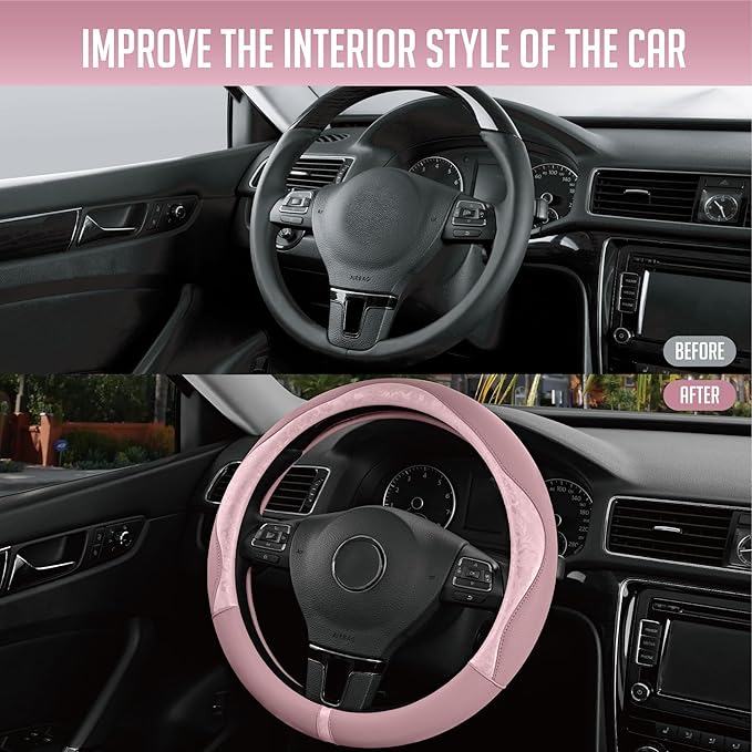 PIC AUTO Steering Wheel Cover, Pink Patterned Leather Patchwork Design, Universal Fit 14.5"–15.5", Anti-Slip, Odor-Free, Soft PU Grain Leather, Durable Grip Car Accessory for Girls & Women