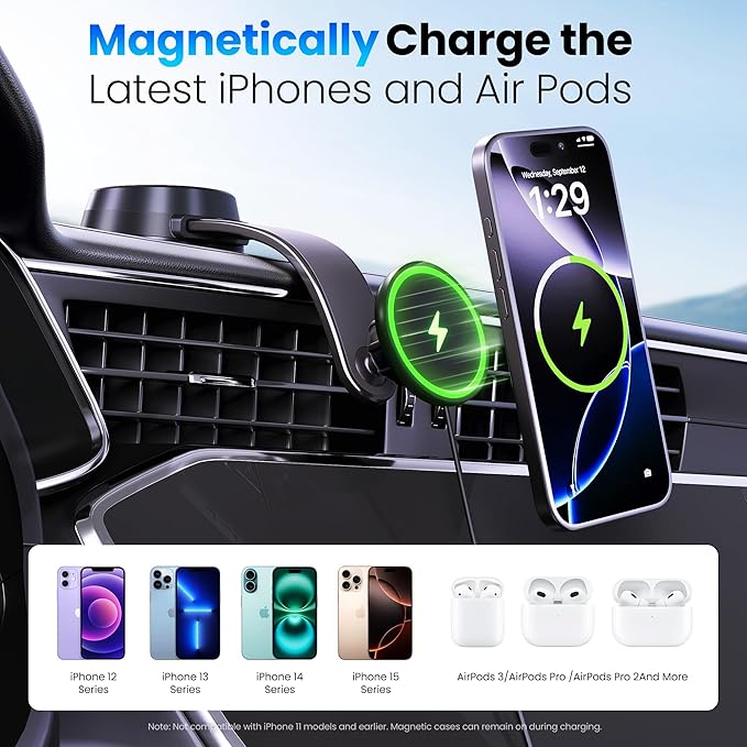 Upgrade [Qi2-Certified] 15W for MagSafe Wireless Car Charger Mount, 2XFast Charging[90+LBS Safe Suction] Magnetic Phone Holder Dashboard Windshield for iPhone 17/16/15/14/13/12 Pro Max (Iron)