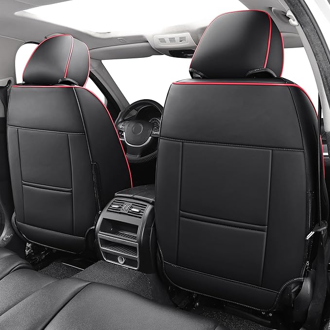 Tomatoman Car Seat Covers Full Set,Universal Automotive Waterproof Leather Vehicle Cushion Full Coverage Protectors Fit for Most Sedans SUV Pick-up Truck(Full Set/Black-Red)