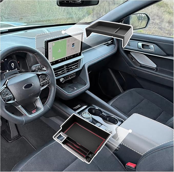 SXCY 2PCS for 2025 Ford Explorer Screen Back Tray + Center Console Organizer(Red Mat) for Ford Explorer 2025 Accessories Console Tray for 2025 Ford Explorer Dashboard Organizer 2025 Explorer Accessory