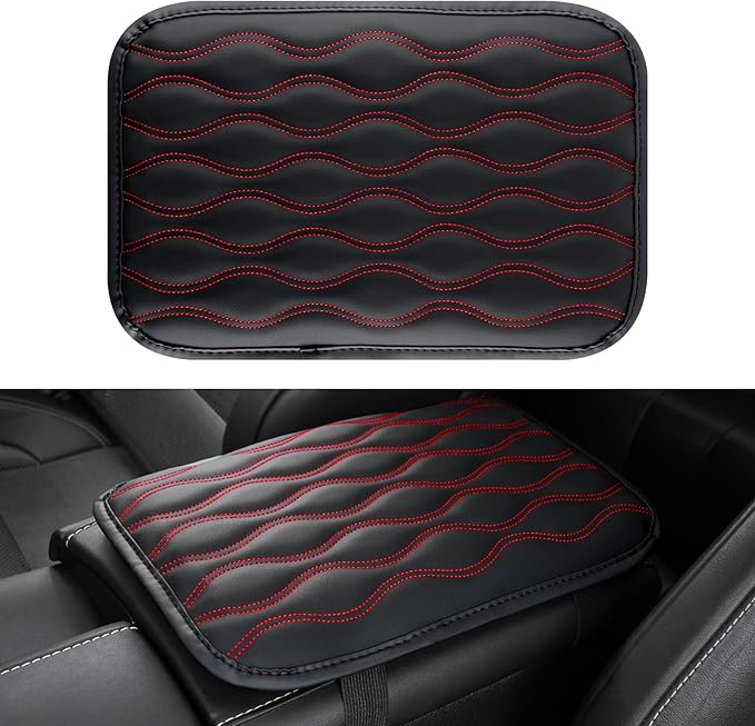 Amiss Auto Center Console Pad, Universal Waterproof Armrest Seat Box Cover, Car Interior Accessories, Leather Auto Armrest Cover Protector for Most Vehicle, SUV, Truck (Red Line)