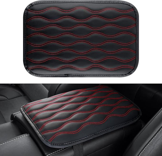 Amiss Auto Center Console Pad, Universal Waterproof Armrest Seat Box Cover, Car Interior Accessories, Leather Auto Armrest Cover Protector for Most Vehicle, SUV, Truck (Red Line)