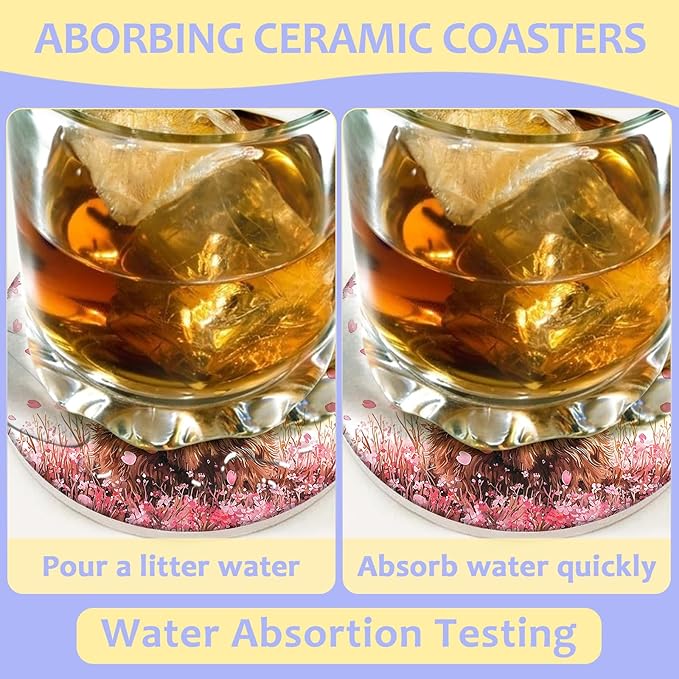 2 Pack Car Cup Holder Coaster-Highland Cow Absorbent Ceramic Coaster,Cherry Blossom Car Coasters for Cup Holders,Auto Accessories for Women & Men