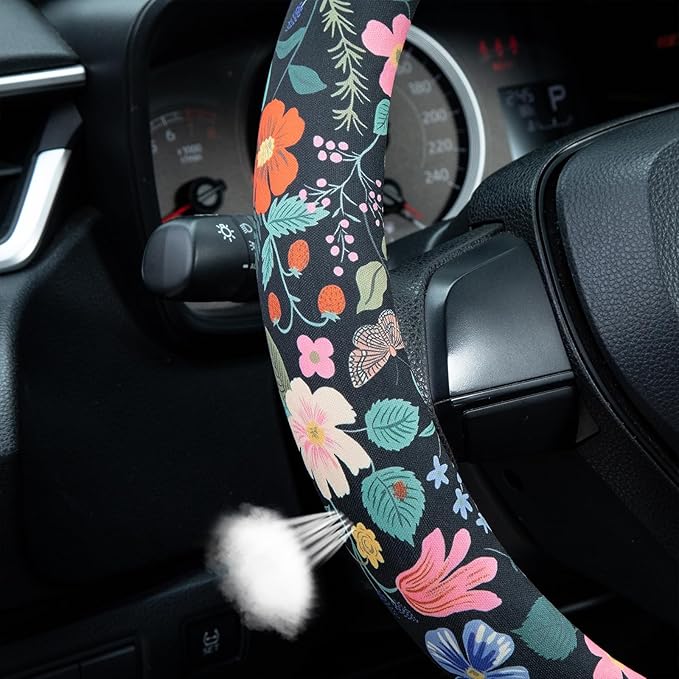 Flowers and Strawberries Steering Wheel Cover Auto Steering Wheel Protector, Anti-Slip, Breathable, Absorbing Sweat, Universal Car Accessories 14.5–15 inch,Fit for Most Car, Trucks, SUV