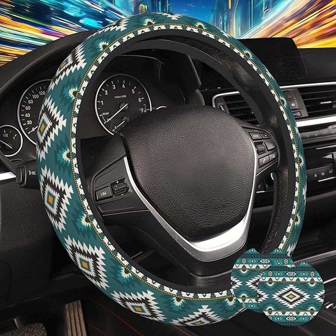Green Tribal Geometric Steering Wheel Cover for Women, Anti-Slip Car Steering Wheel Cover with 2 Pcs Cup Holders Neoprene Breathable Car Accessories Universal 15 Inch Auto Interior Decor