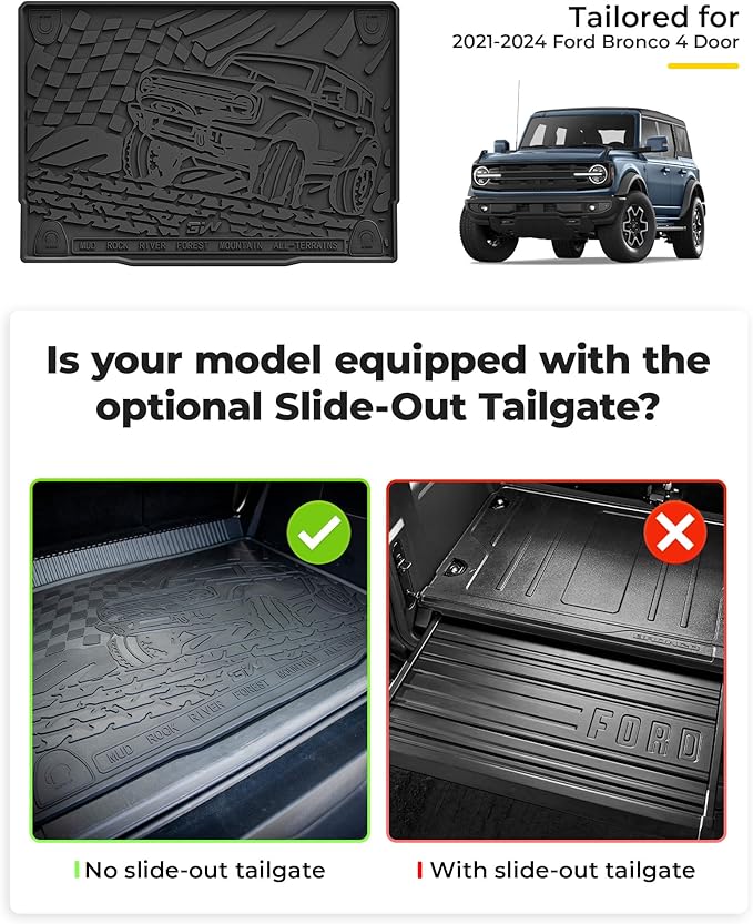 3W Ford Bronco Floor Mats & Cargo Liner & Back Seat Cover Custom Fit for 2021 2022 2023 2024 2025 Bronco 4 Door All Weather Custom Fit Ford Bronco Accessories (Not for Sport & Rubberized Floor)