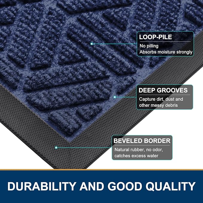 Smiry Front Door Mat Outside Entrance, Heavy Duty Sturdy Natural Rubber Doormat, Trap Dirt and Moisture, Easy Clean Low Profile Mats for Indoor Outdoor Entry, Grid Geometric (59x35, Navy Blue)