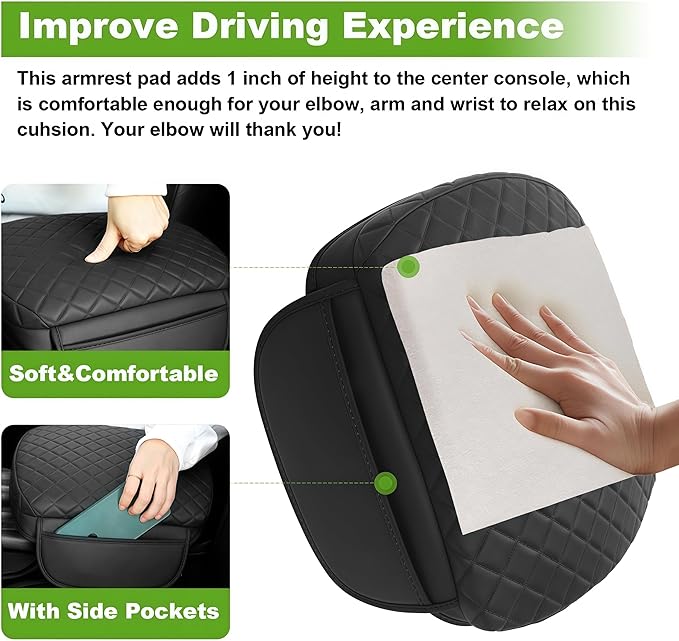 Armrest Cover for Honda Pilot Center Console Pad with Organizer Storage Pockets, Black Faux Leather Arm Rest Lid Protector Cushion Interior Accessories (2009-2015)