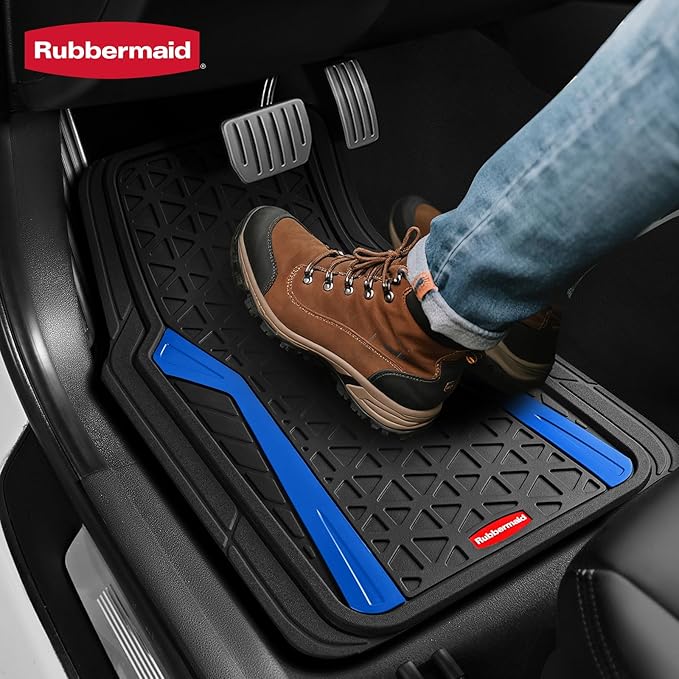 Rubbermaid Car Floor Mats Full Set, Premium Heavy Duty All-Weather Car Mats– Rugged Rubber with Brushed Aluminum Inserts, Universal Trim-to-Fit, Anti-Slip Backing for Cars, SUVs, Trucks & Vans - Blue