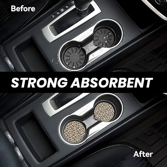 Absorbent Car Coasters for Cup Holders, 2 Pack Universal Anti Slip Ceramic Cup Coaster for Women Men 2.56 Inch Car Interior Accessories - Vintage Brown Leopard 002