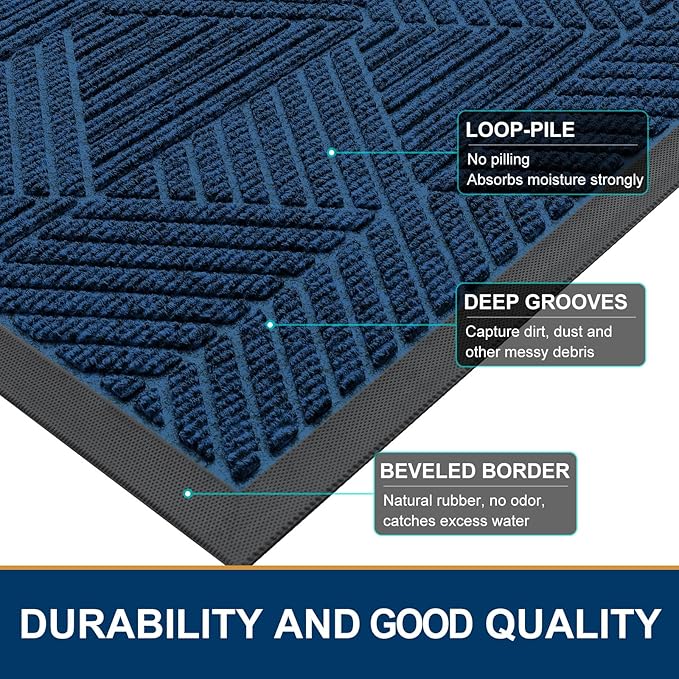 Smiry Front Door Mat Outside Entrance, Heavy Duty Sturdy Natural Rubber Doormat, Trap Dirt and Moisture, Easy Clean Low Profile Mats for Indoor Outdoor Entry, Irregular Triangle (36x24, Medium Blue)