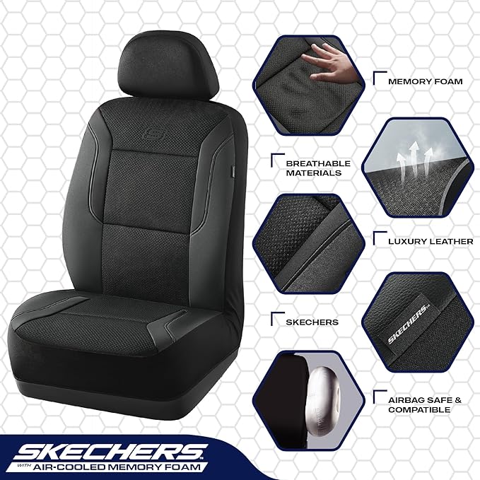 Skechers Memory Foam Car Seat Covers, Air Cool Mesh Thick Seat Covers, Airbag Compatible Car Seat Cover, Automotive Comfort Protection for Most Cars,Vans,Trucks, SUVs,Black