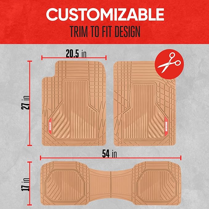 Motor Trend AdventureMax Car Floor Mats Full Set - Durable Rubber Floor Mats for Cars with Debris Capture Grooves, All Weather Interior Protection for Front and Rear with Non-Slip Backing, Beige