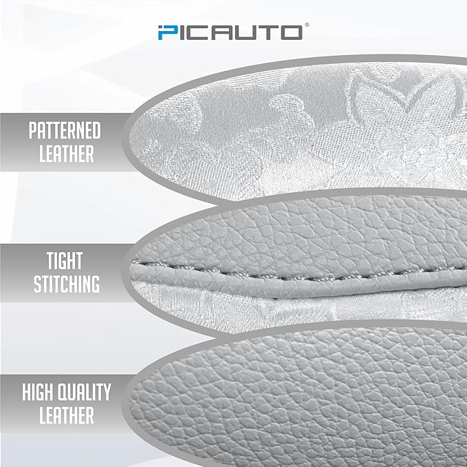 PIC AUTO Steering Wheel Cover, Silver Patterned Leather Patchwork Design, Universal Fit 14.5"–15.5", Anti-Slip, Odor-Free, Soft PU Grain Leather, Durable Grip Car Accessory for Girls & Women