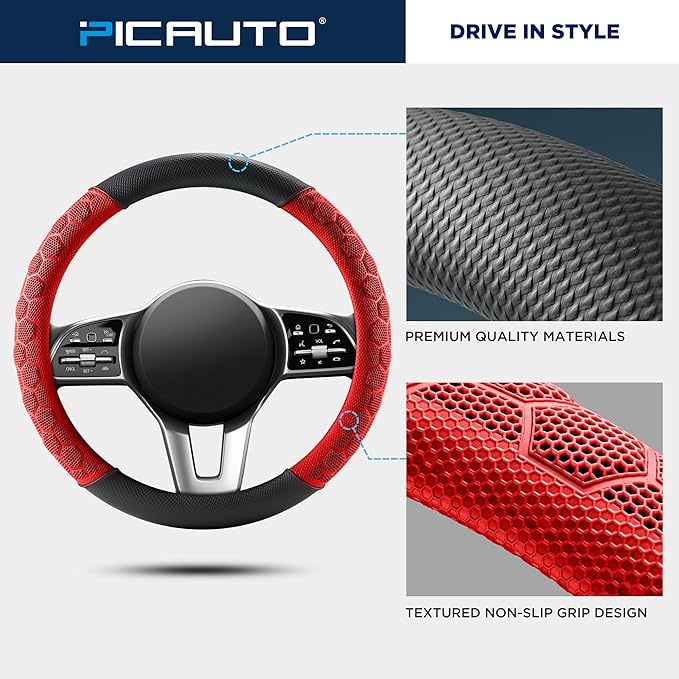 PIC AUTO Massage Steering Wheel Cover, Red Football Pattern Material Spliced Leather Car Steering Wheel Protector, Car Interior Accessories, Universal Fit 14.5"-15.5" for Cars, Trucks, Van, SUV