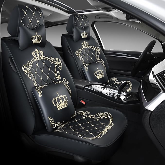 Skysep Crown Full Set Universal Fit 5 Seats Car Surrounded Waterproof Leather Car Seat Covers Protector Adjustable Removable Auto Seat Cushions with 2 Waist Pillows 2 Headrest Pillows (Black-Gold)