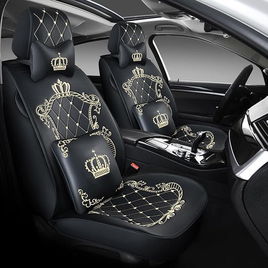 Skysep Crown Full Set Universal Fit 5 Seats Car Surrounded Waterproof Leather Car Seat Covers Protector Adjustable Removable Auto Seat Cushions with 2 Waist Pillows 2 Headrest Pillows (Black-Gold)