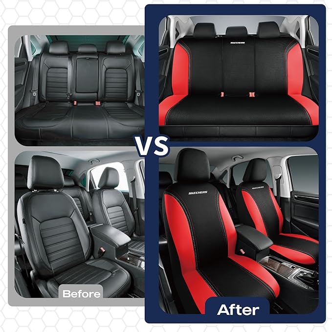 Skechers Memory Foam Seat Covers,Air- Cooled Mesh Thick Car Seat Covers,Leather Seat CoversFull Sets,Airbag Compatible,Automotive Comfort Universal Fit for SUVs,Vans,Sedans,Cars,Trucks,Red