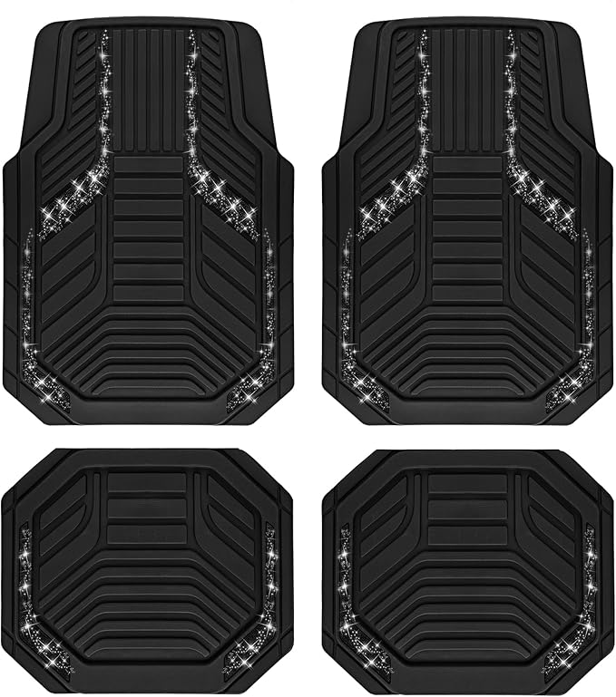 PIC AUTO Car Floor Mats, Black Sparkly Crystal Bling Glitter Car Mats Set, Front and Rear Heavy Duty Rubber Car Mats with Anti-Slip Backing, All Weather, Trim-to-Fit for Automotive SUVs, Sedan, Vans