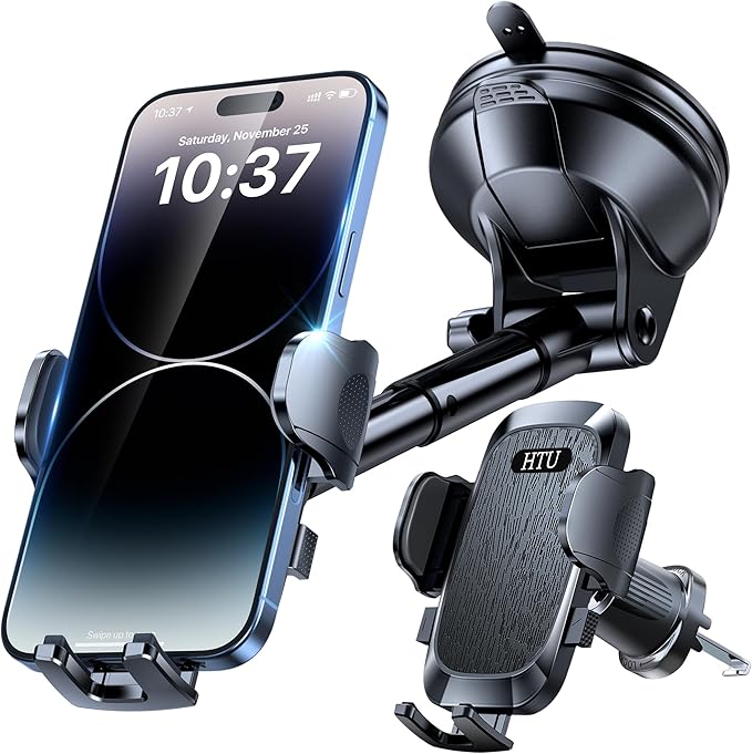 HTU [2025 True Military-Grade] Car Phone Holder [Upgraded Strongest Suction & Clip] Cell Phone Mount for Dashboard Windshield Vent,Truck Cradle Stand for iPhone 16 Pro Max Samsung Android (Black)