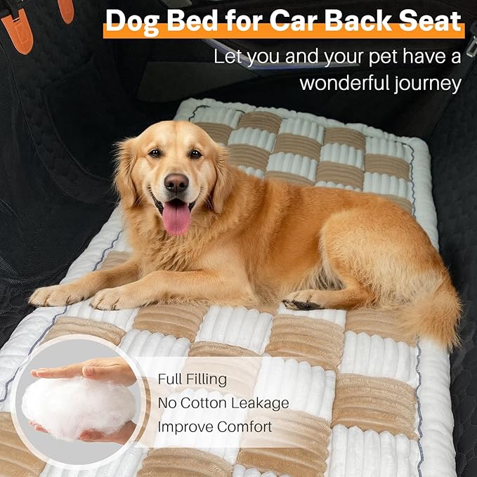 Dog Car Seat Cover for Back Seat, Dog Bed for Car, Fit for Backseat Extenders, Car Seat Protector, Nonslip Soft Durable for Cars Trucks and SUVs (Light Brown & White, 23.6"*51")