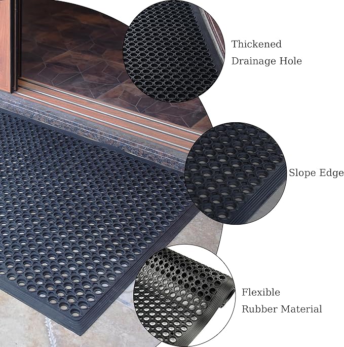 OrangeStar 2 Pack Rubber Floor Mat, 36"x60" Anti-Fatigue Door Mat w/Holes for Restaurant, Kitchen, Bar, Indoor/Outdoor, Black
