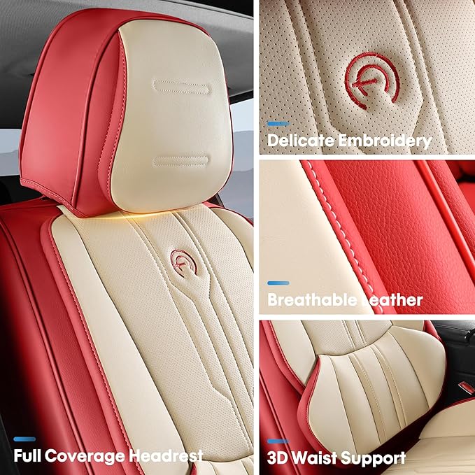 AOOG Car Seat Covers Full Set, Leather Seat Covers for Car, Waterproof Car Seat Protector with Lumbar Support, Automotive Seat Covers Universal Fit for Most Cars SUV Trucks (Full Set, Red)