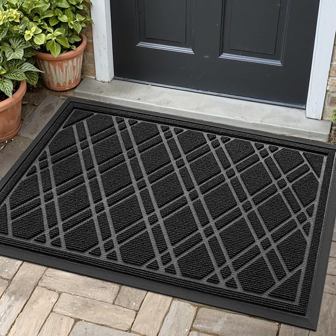 DEXI Front Door Mat Outside Entrance, All-Season Heavy Duty Rubber Doormat, Fade Resistant, Low-Profile, Easy Clean Patio Entryway, 17x29, Weave Black