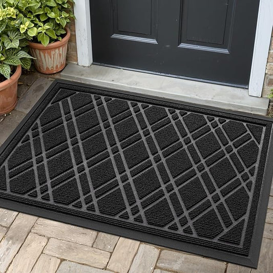 DEXI Front Door Mat Outside Entrance, All-Season Heavy Duty Rubber Doormat, Fade Resistant, Low-Profile, Easy Clean Patio Entryway, 17x29, Weave Black