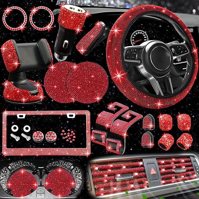 NBTEPEM 27 PCs Red Bling Car Accessories Set for Women, Steering Wheel Covers Universal Fit 15 Inch, Bling License Plate Frame, Bling Phone Holder, Bling Car Coasters (Red Diamond)