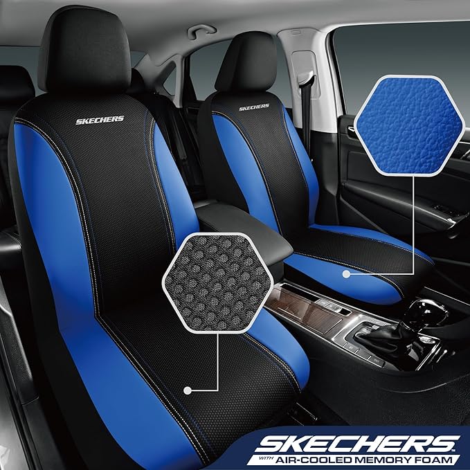 Skechers Memory Foam Seat Covers,Air- Cooled Mesh Thick Car Seat Covers,Leather Seat CoversFull Sets,Airbag Compatible,Automotive Comfort Universal Fit for SUVs,Vans,Sedans,Cars,Trucks,Blue