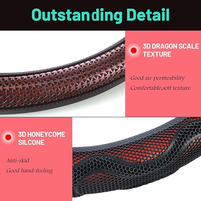 17.5-18 Inch Truck Steering Wheel Cover Leather Wheel Semi-Truck Comfy Grip Cover with 3D Honeycomb Anti-Slip Design Car Accessory, Fits RV, Big Rig and Classic Car(Red)