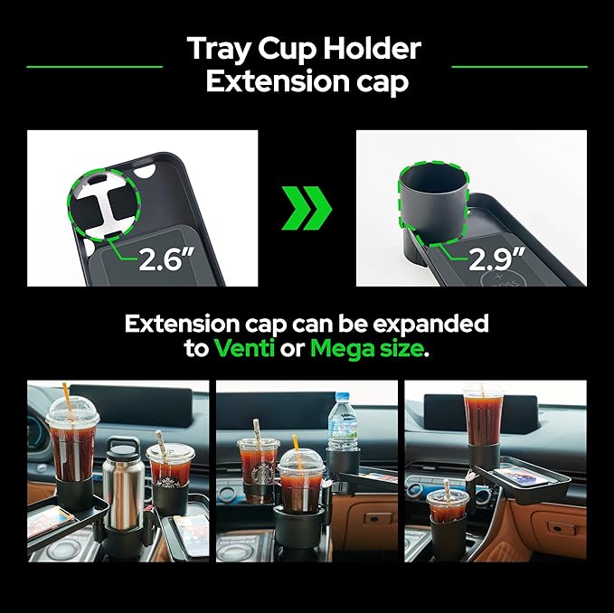 Triple Car Cup Holder Expander Attachable Tray with Adjustable Base and Large Bottles