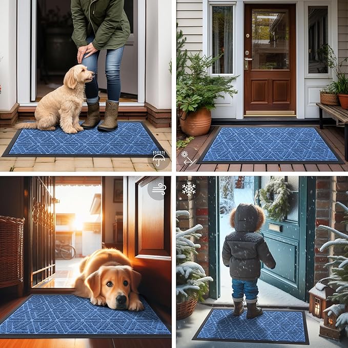 Smiry Front Door Mat Outside Entrance, Heavy Duty Sturdy Natural Rubber Doormat, Trap Dirt and Moisture, Easy Clean Low Profile Mats for Indoor Outdoor Entry, Grid Geometric (47x32, Blue)