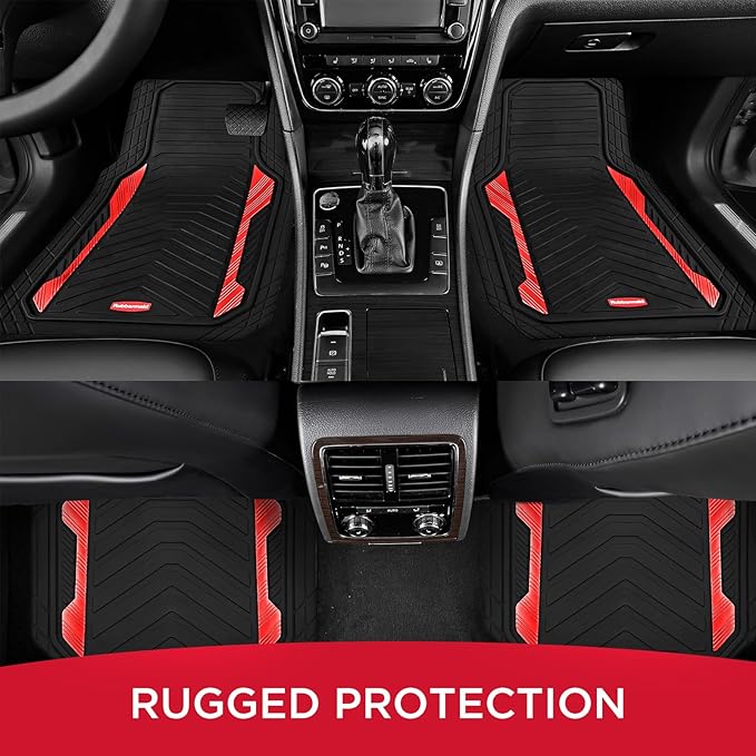 Rubbermaid Car Floor Mat, Heavy Duty All-Weather Car Mats Full Set with Dual-Tone Red Aluminum Inserts – Universal Fit, Anti-Slip Backing, Trim-to-Fit for Most SUV, Sedan, Van