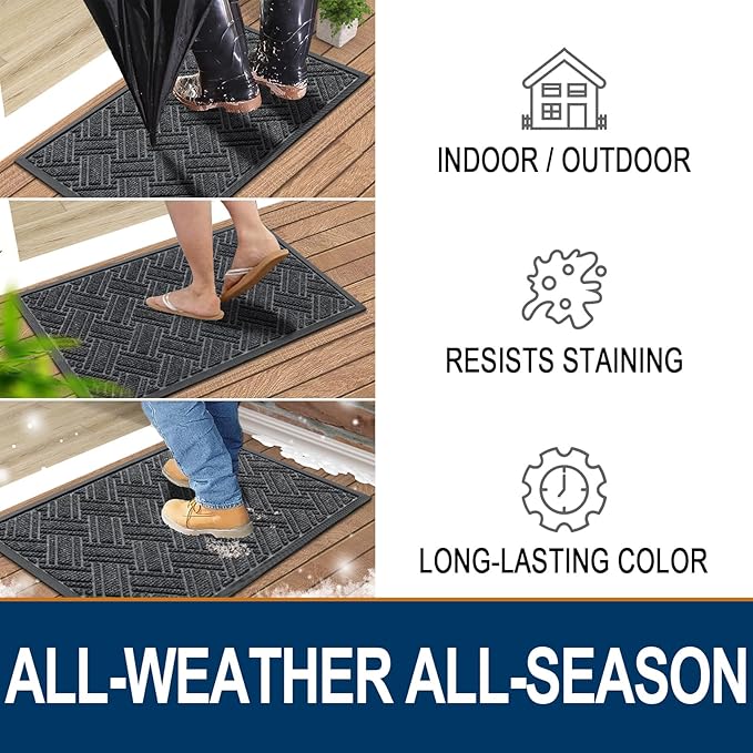 OLANLY Indoor Outdoor Mat, Sturdy Natural Rubber Floor Mat, Non Slip Low Profile Waterproof Doormat, and Stain Front Door Mats, Easy Clean Patio Entrance Mat, 36''x24'', Grey