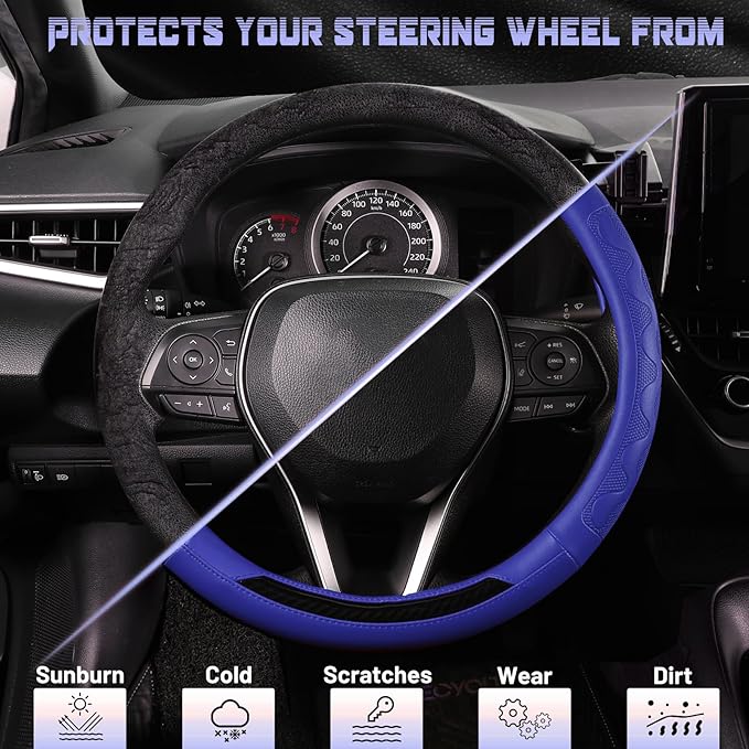 SEG Direct Car Steering Wheel Cover Medium Size 14 1/2"-15" Embossed Microfiber Leather with Carbon Fiber Pattern Blue