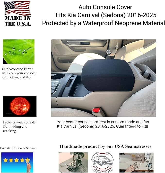 Auto Console Covers- Center Console Cover Fits Fits Kia Carnival (Sedona) 2016-2025 Neoprene Armrest Protector Soft Waterproof Fabric Interior Protection- Tan