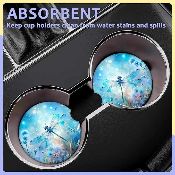 2 Pack Car Cup Holder Coaster-Blue Dragonfly Absorbent Ceramic Coaster,Car Coasters for Cup Holders,Auto Accessories for Women & Men