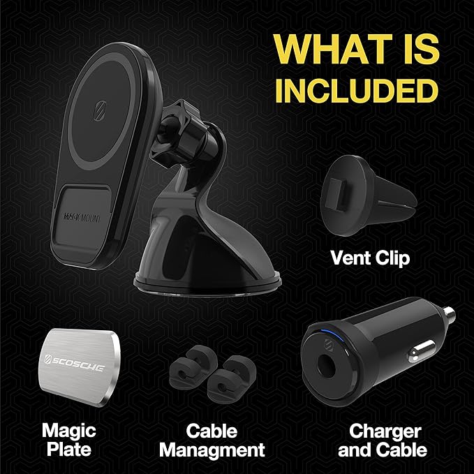 Scosche MQ5WDV-1 MagicMount Pro Charge5 Window/Dash/Vent 15W Magnetic, Qi-Certified, Wireless Charging Phone Mount, Cell Phone Holder for Car Compatible with MagSafe, iPhone, Galaxy and Qi Devices