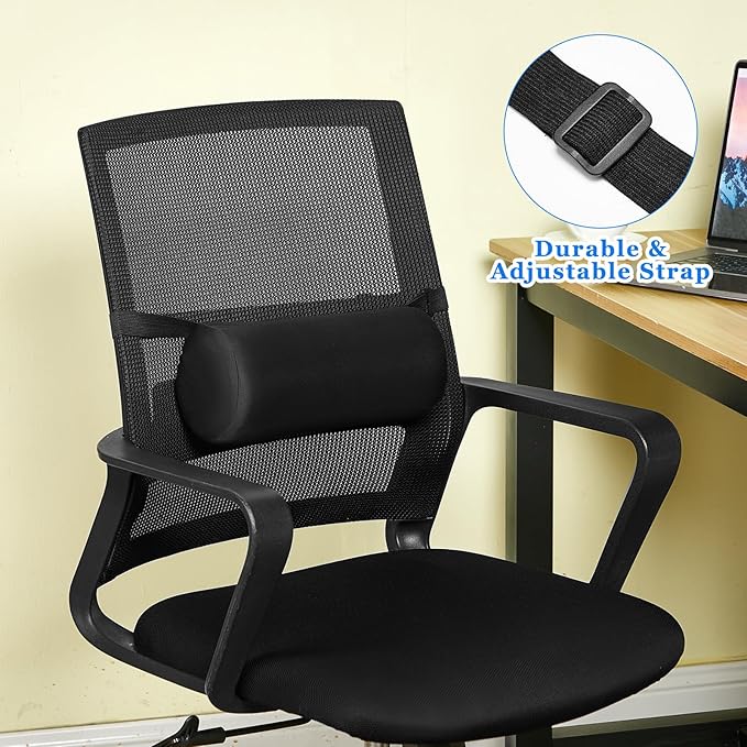 Wenqik 2 Pcs Lumbar Support Pillow Lumbar Roll Lower Pillow Office Seat Cushion with Adjustable Strap and Washable Cover for Travel Gaming Chair Car Seat Pain Relief(Black)